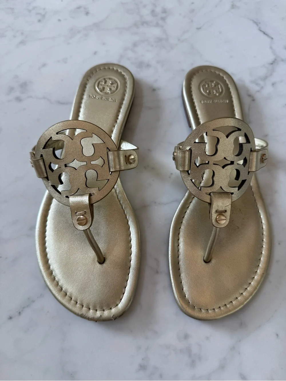 Tory Burch Miller Metallic Gold Leather Thong Sandals 8.5M